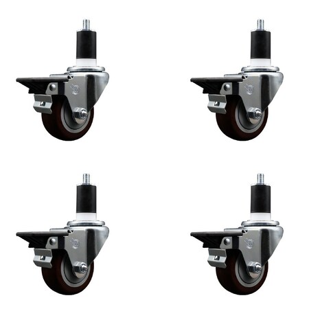 Service Caster 3'' Maroon Poly Swivel 1-1/2'' Expanding Stem Caster Set with Brake, 4PK SCC-EX20S314-PPUB-MRN-PLB-112-4